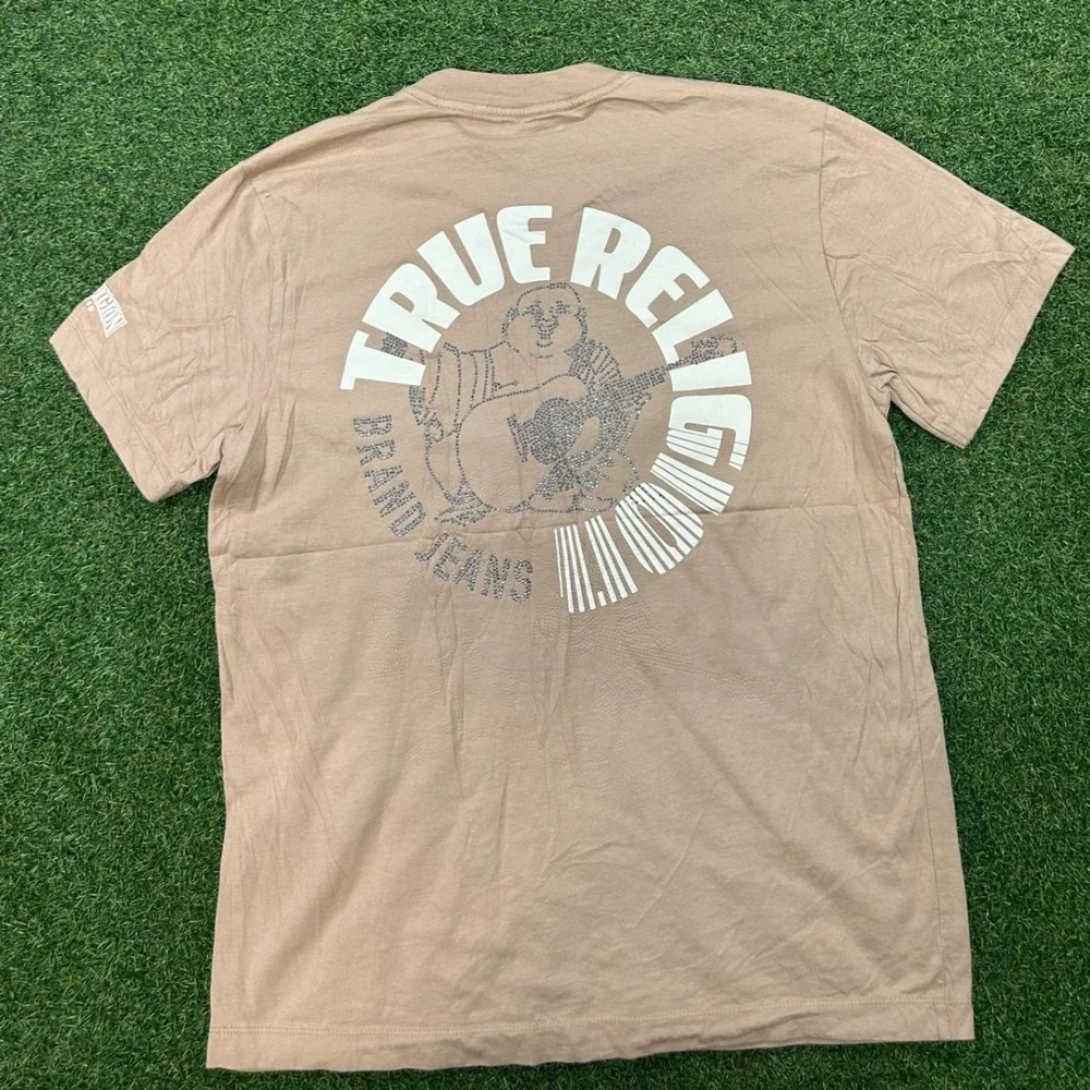 True Religion Mens Tan Khaki Buddha Graphic Logo T-Shirt Size Medium